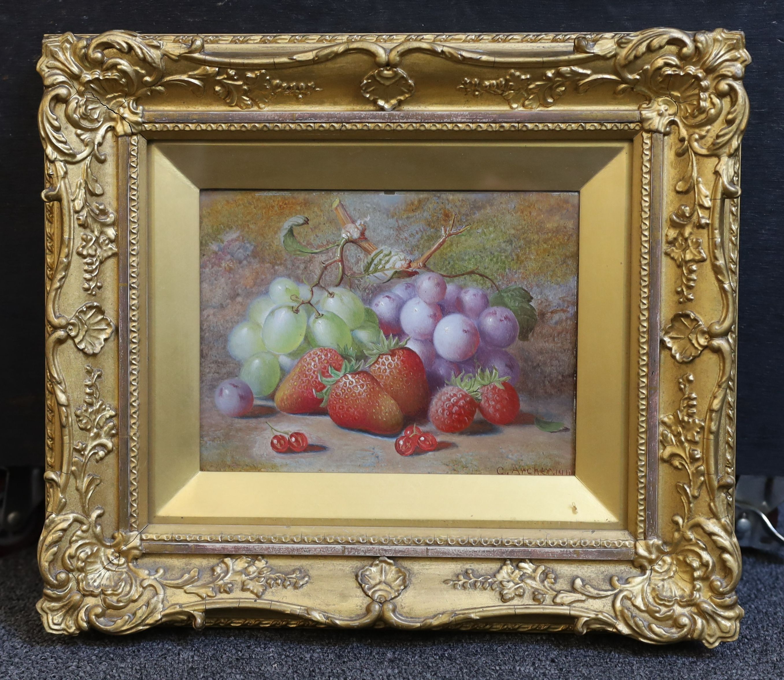 Charles Archer (1855-1931), Still life of grapes, strawberries, raspberries and redcurrants, oil on board, 15 x 20cm